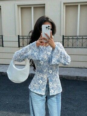 All-Season New Embroidered Long Sleeve Blouse For Women Brunch Blue